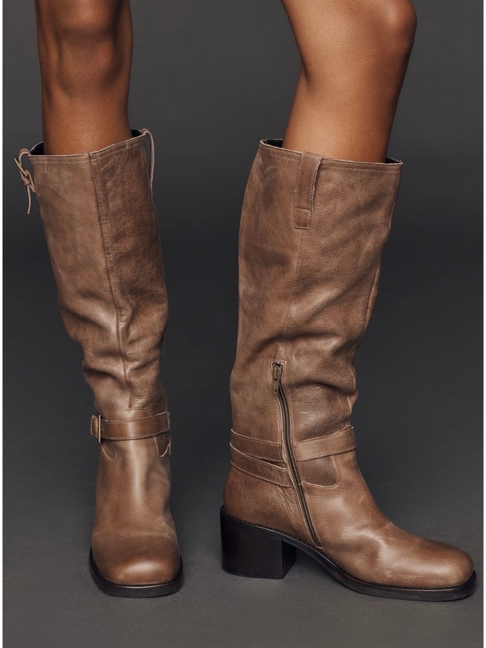 Anthropologie Taupe Brown Leather Mid-Calf Riding Boots